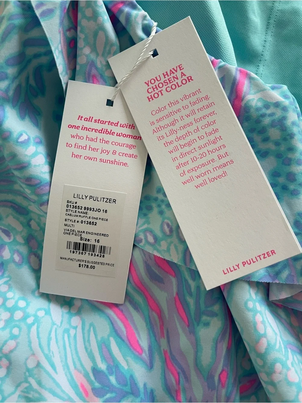 Lilly Pulitzer Turquoise One-Shoulder Ruffle Swimsuit with Pink Coral Print - Picture 4 of 4